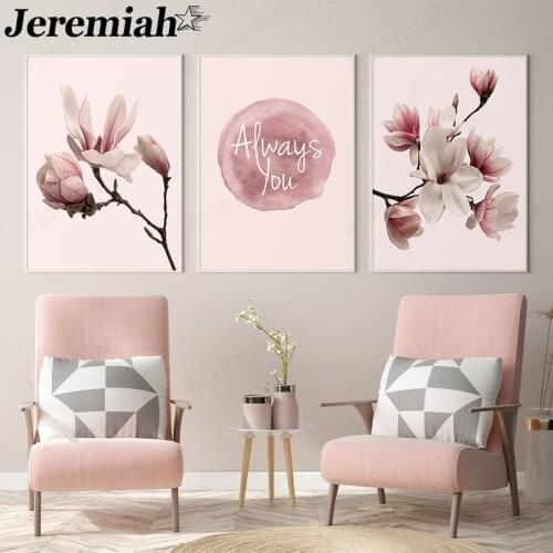 Pink Magnolia Canvas Poster Simple and Elegant Simple Letter Painting Scandinavian Style Nordic Home Furnishing Room Decoration