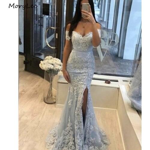 Blue Prom Dresses V-Neck Off The Shoulder Side Slit Tulle Lace Applique Prom Dresses With Lace Up vestidos de fiesta de noche