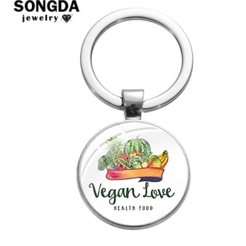 SONGDA Vegan Love Health Food Keychain Green Vegetable Fruit Cartoon Print Glass Dome Key Ring Key Chain Gift for Vegetarianism