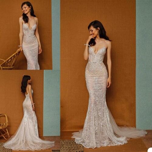 Fashion Wedding Dresses Spaghetti Straps Lace Appliques Mermaid Bridal Gowns Custom Made Open Back Sweep Train Wedding Dress