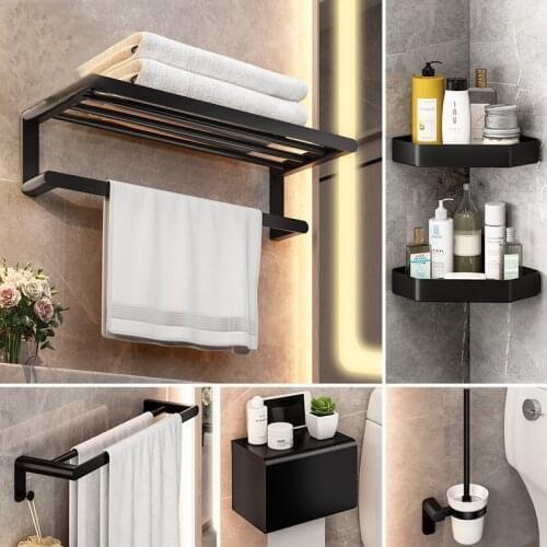 Bathroom space aluminum black wall-mounted towel rack bathroom shelf free punching bathroom accessories set AE02YJM-0008