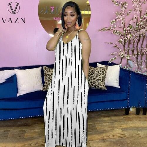VAZN 2021 Summer V-neck Sleeveless Pleated Striped Maxi Dress Women Elegant Fashion Dress Slim Dress Club Birthday Shinny Dress