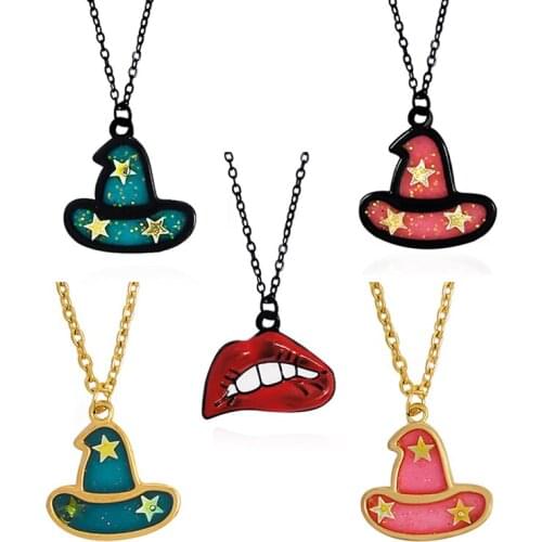 Magic Hat Sexy red lips Pendant Necklace Magic School witch wizard Halloween Jewelry gift