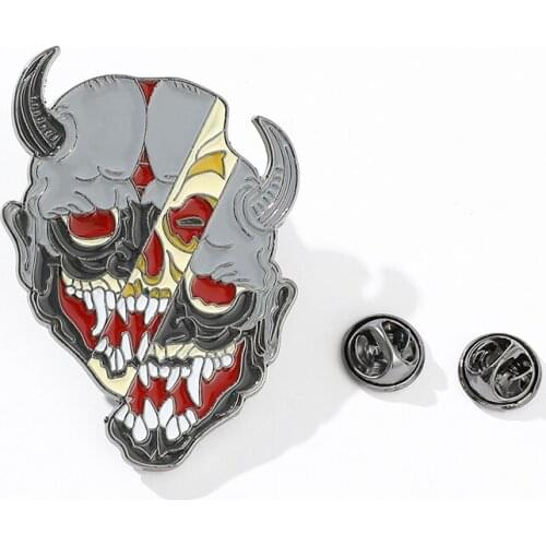 Japanese Prajna Mask Horror Ghost Metal Brooch Hat Costume Badge Retro Fashion Jewelry Halloween Gift Ornament