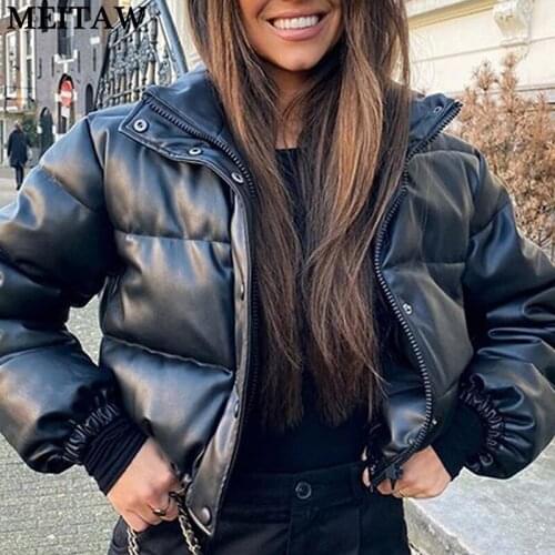 2021 Autumn Winter Black Parka Jackets Ladies Long Sleeve PU Leather Zipper Bubble Coat Casual Warm Street Outfits