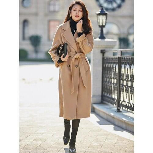 Women Original Design Autumn Winter Elegant Casual Warm 100%Wool Coat Double Breasted Belted Pink/Red Plus Size Woolen Jacket