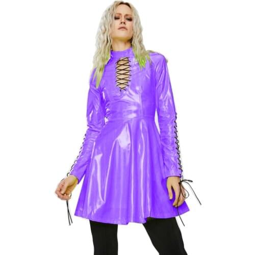 Women PVC Long Sleeve Gothic Dress Vinyl Hollow Out A-Line Dress High Waist Above Knee Mini Party Dress Plus Size 7XL
