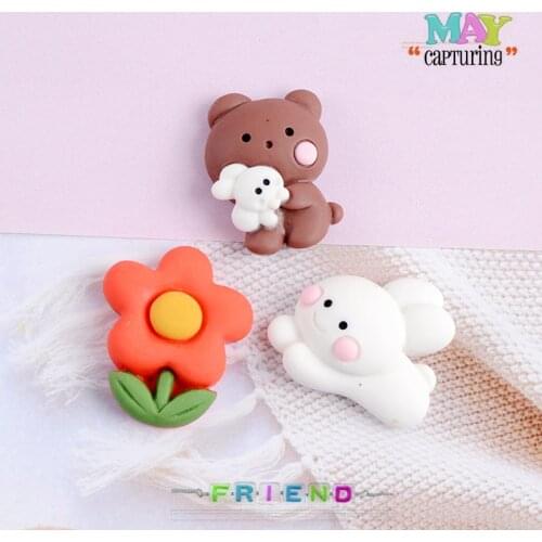 10PCS Kawaii Resin Cute Flower Bear Rabbit Flatback Cabochons For Hair Bow Centers DIY Scrapbooking Decor Phone Decoration Slime