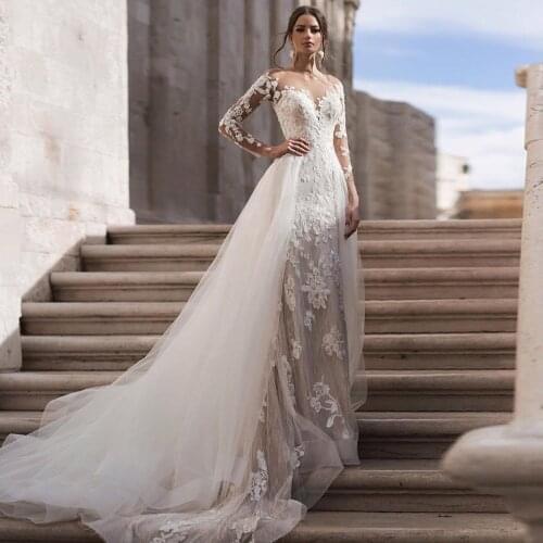 2021 Lace Mermaid Wedding Dress Long Sleeve Bridal Gowns With Detachable Train Robe Turkey Wedding Gowns