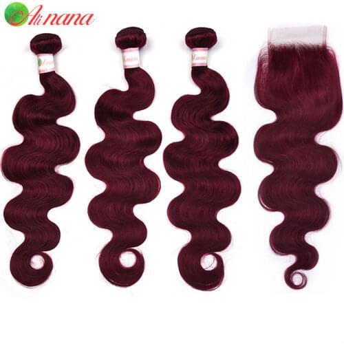99J Body Wave Human Hair Bundles With Closure 4x4 Free Part Pre-Plucked Bundle With Closure Remy Hair Extension Red Burgundy