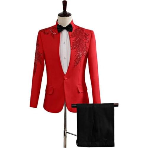 Sequin applique blazer men groom suit set with pants mens wedding suits costume singer star style stage clothing formal dress