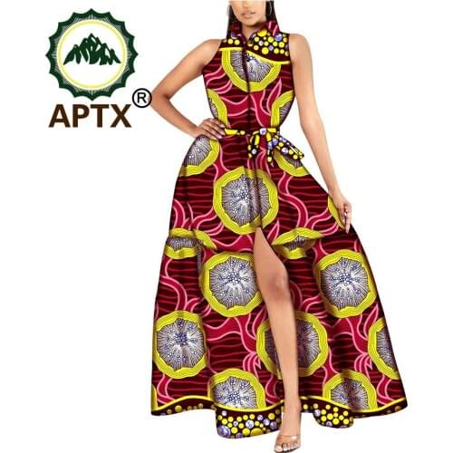 Bazin Rich Africa Party Dress Elegant Split Dresses Africa Floral Print Femme Robe Vestidos Attire Wear
