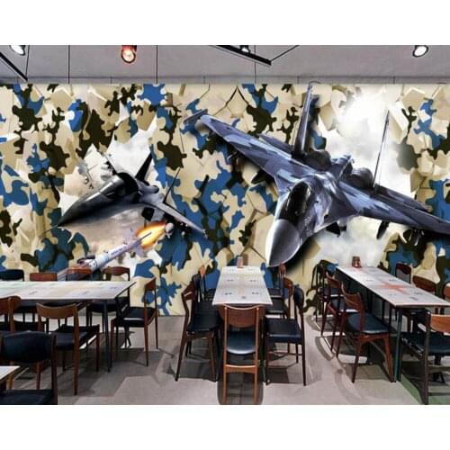 Free Shipping Restaurant Decoration Wallpaper Game Room Mural Custom 3D Wallpaper Airplane Breaks Wall Into Bar Restaurant Wall