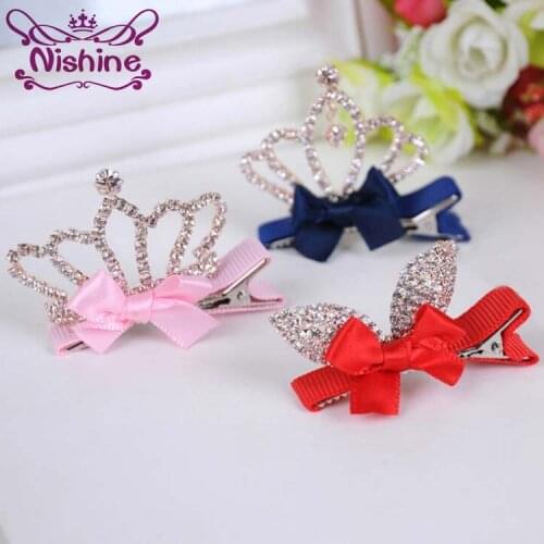 Nishine 1PCS Girls Hair Clip Shiny Crown Rhinestone Princess Hairpins Kids Rabbit Ears Bow Barrettes Party Hair Accessories