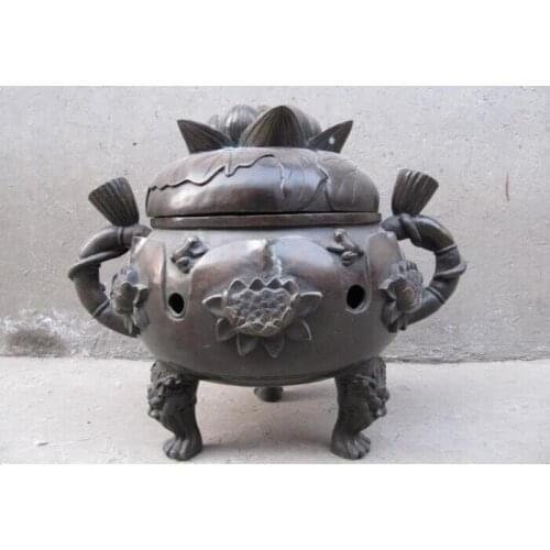 Fast shipping USPS to USA S3126 15" Tibet archaic Bronze Copper lotus flower incense burner Censer statue