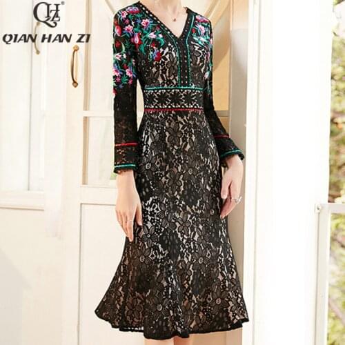 Qian Han Zi Runway Spring Party Dress Womens Long Sleeve Retro Hollow Lace Dress High Quality Slim Embroidered Midi Dress