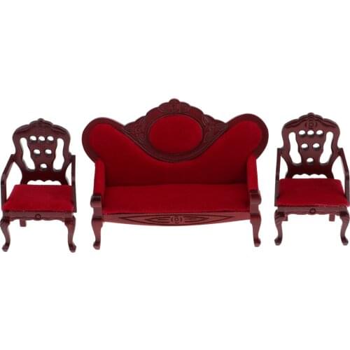 Wooden Sofa Armchair 3pcs/set for Dollhouse Bedroom Living Room Furniture Miniatures, Red