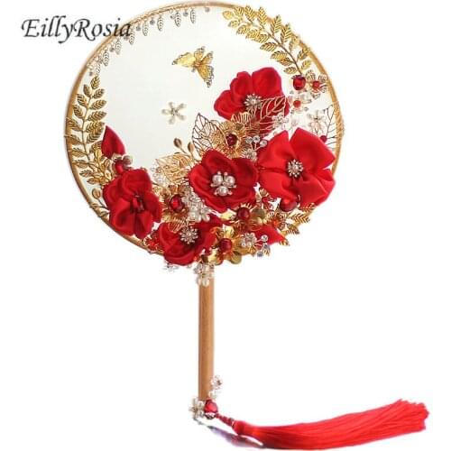 EillyRosia Chinese Red Bridal Fan Flower Gold Jewelry Ancient Wedding Bouquet Accessories with Tassel Classic Bridesmaid Fan