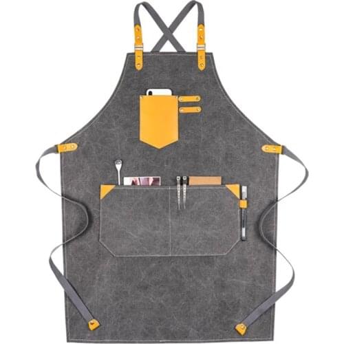 Gray Khaki Canvas Apron Crossback Strap Barista Bartender Pastry Chef Waitstaff Uniform Florist Hairdresser Artist Work Wear K10