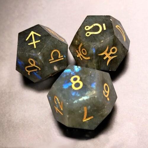 Natural Labradorite Constellation Astrology Planet Dice Handmade Gemstone Divination Dice Zodiac Sign Symbol Dice D12 Tarot Dice