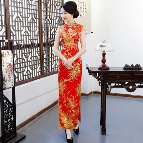 Red Embroidery Bling Flowers Cheongsam Skirt Elegant Split Bride Wedding Party Satin Straight Dresses Slim Long Skirt Gown Qipao