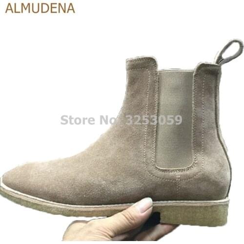 ALMUDENA Top Qultiy Beige Coffee Black Suede Chelsea Boots Elastic Patchwork Men Motorcycle Ankle Boots Cowboy Casual Shoes