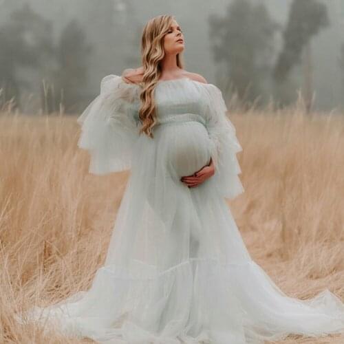 Mint Green Tulle Maternity Wedding Dresses A-Line Long Sleeves Photoshoot Boudoir Lingerie Robe Bathrobe Nightwear 2021