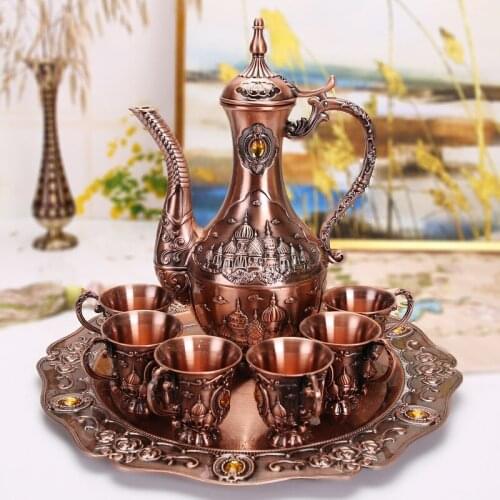 8pcs/set Liquor and wine set set household large capacity antique bronze wine cup wine pot relief wine cup palace opera props