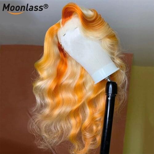 Moonlass Colored Lace Front Wigs Human Hair Pink Green Orange Highlight Wave Transparent Lace front Wig Brazilian Glueless Wig