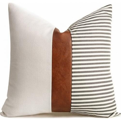Striped Linen Farmhouse Throw Pillow Covers, Patchwork Tan Faux Leather Pillow Covers Modern Decor for Couch Sofa Bedroom