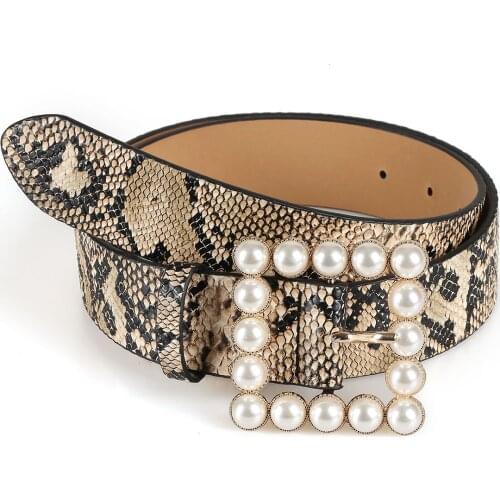 Serpentine Skin Leather Belt Womens Wild Solid Color Belt Alloy Square Buckle Inlaid Pearl Decoration Sweet Style Belt Women