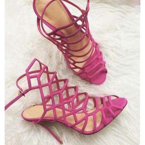 Fuchsia female geometric hollow out summer sandals open toe ankle buckle high heels sandals bridal wedding shoes woman party sho