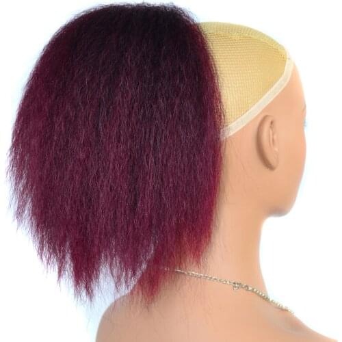 Synthetic Yaki Straight Hairpiece Drawstring Clip Hair Extensions Ombre Brown Pony Tail Blonde Wine Fack Hair