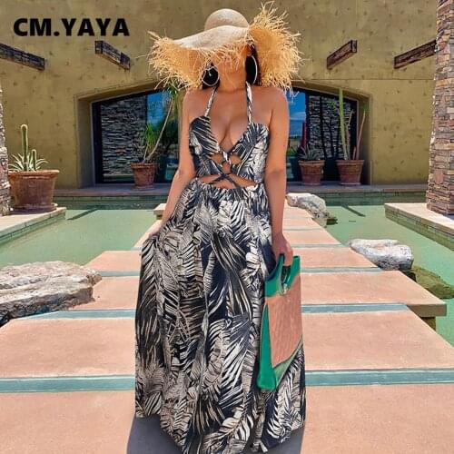 CM.YAYA Beach Leaf Sexy Halter Neck Sleeveless Womens High Side Split Maxi Dress for Basic Lace Up Sexy Party Long Dresses