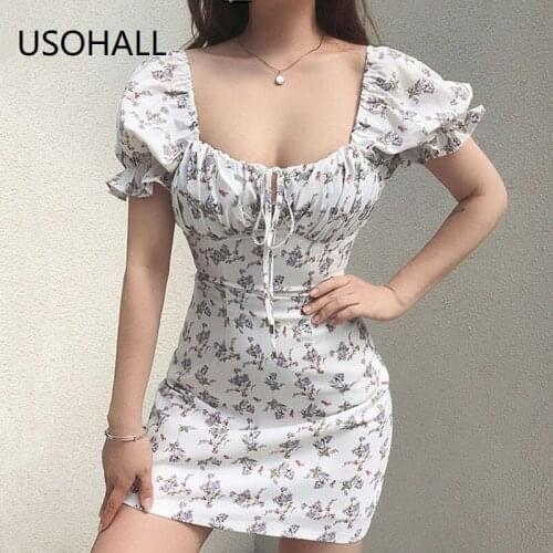 USOHALL Summer Print Square Collar Sweet Dress Women Puff Sleeve Backless Mini Dresses