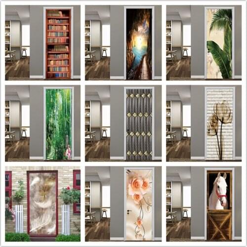 Waterproof PVC Door Decoration Sticker Fake Bookshelf Wallpaper Home Decor Natural Landscape Mural Self Adhesive Orange Rose DIY