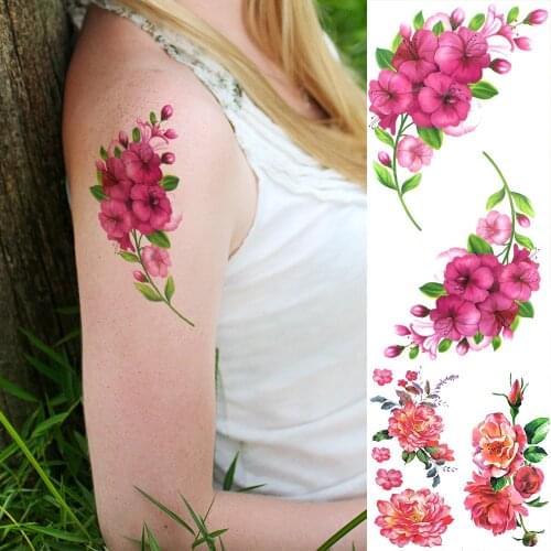 Beauty LIly Flower Temporary Tattoos For Women Adults Fake Carnations Dahlia Peony Tattoo Sticker Watercolor 3D Tatoos Supplies