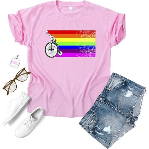 2020 Rainbow Bike Printed Kawaii Harajuku T Shirt Women Streetwear Graphic Tees Women Short Sleeve Cotton Tee