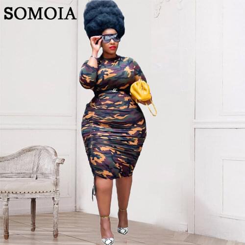 Plus Size Women Clothing Casual Camouflage Mini Dress Shirring Irregular Bodycon Dresses Streetwear Three Quater Sleeve Dress