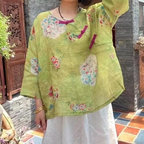 Johnature Print Flower Vintage Women Thin Shirts Ramie Summer Tops O-Neck Three Quarter Sleeve 2021 Loose Retro 4color Blouses