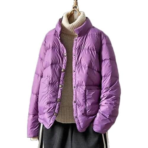 Women Down Jacket Thin 2021 Spring Autumn New Coat White Duck Ladies Short Stand-Up Collar Loose