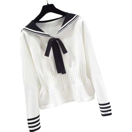 Women Sailor Collar Long Sleeve Knitted Pullover Jumper Female Slim Fit Tops Tunic Casual Streetwear