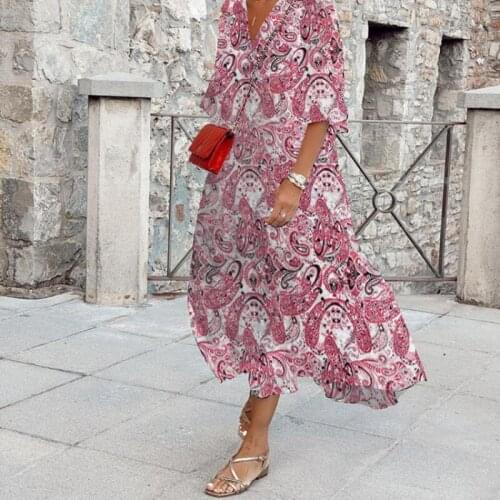 Nine Quarter Sleeve V-neck Summer Autumn Beach Ladies Dress Ethnic Floral Print Elastic Waist Vintage Fashion Women Maxi Dresses