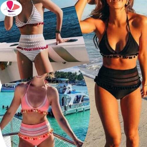 2021 Sexy Halter Retro Mesh Hollow Out String Biquini Bathing Suit Female Swimsuit High Waist Plus Size Swimwear Women Bikini