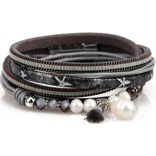 ZG 2019 Pearl Leather Charm Bracelets For Women Men Long Crystal Beads Bracelet & Bangle Femme Female Fashion Jewelry