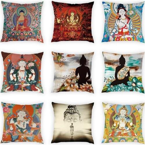 Buddha Statue Pattern Cushion Cover 45x45cm Peach Skin Pillow Cases Sofa Bedroom Decorative Home Decorative Pillows