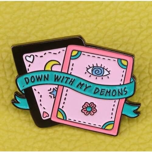 Down with my demons enamel pin tarot card brooches pastel art badge charm divination jewelry Halloween Gothic pins gift creative