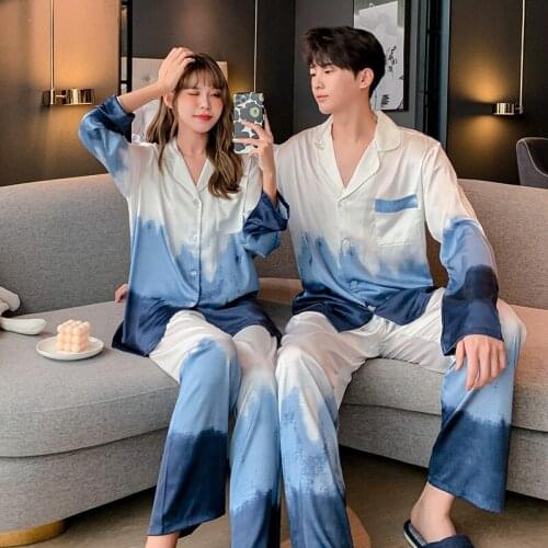 Gradient Print Couple Pajamas Sets Satin Sleepwear Long Sleeve 2PCS Sleepwear Lovers' Shirt&Pant Casual Sleep Set Home Clothes