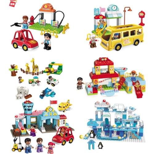 Duplos Building Blocks Toys For Childrens Boys Educational Toys Big Bricks Animals Zoo school Bus Toy Gas Station Kids Gifts