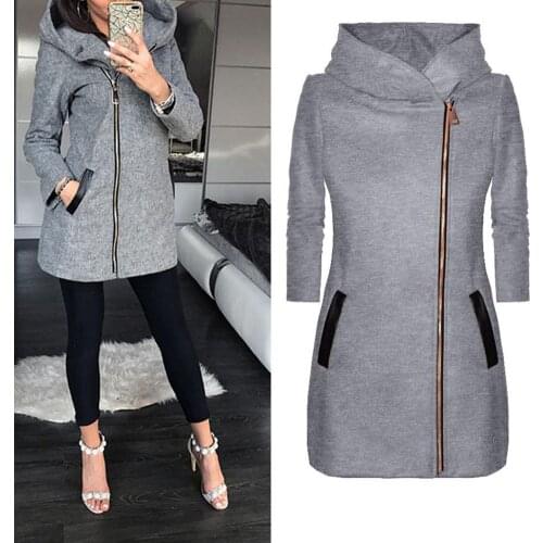 Autumn Winter Plus Size Fashion Women Coat Solid Color Zip up Long Sleeve Hooded Jacket Coat Outerwear Long Section Womens Coat